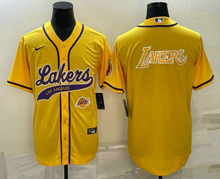 Men%27s Los Angeles Lakers Yellow Big Logo With Patch Cool Base Stitched Baseball Jerseys->los angeles lakers->NBA Jersey